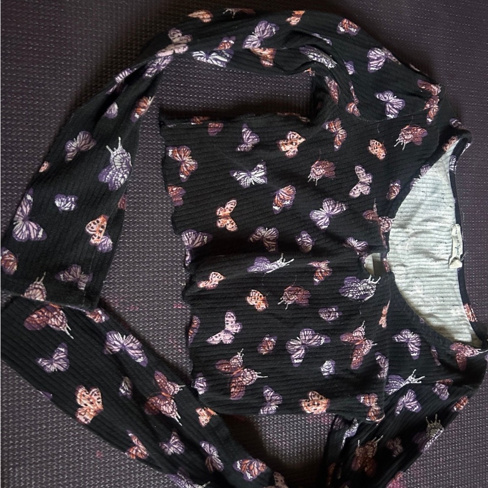 Girls' Black Long Sleeve Tee with Purple & Pink Butterfly Print